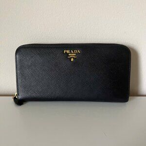 PRADA Saffiano Metal Zip Around Wallet Black